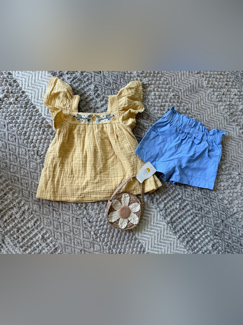 4t 3pc C&C California Yellow Flutter-Sleeve Top with Blue Shorts & straw purse